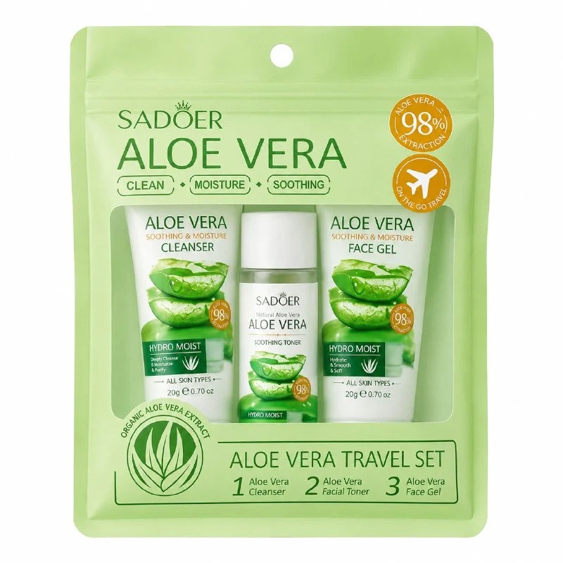 Set Facial Aloe Vera Sadoer · Limpieza, Tónico e Hidratación (3 Pasos)