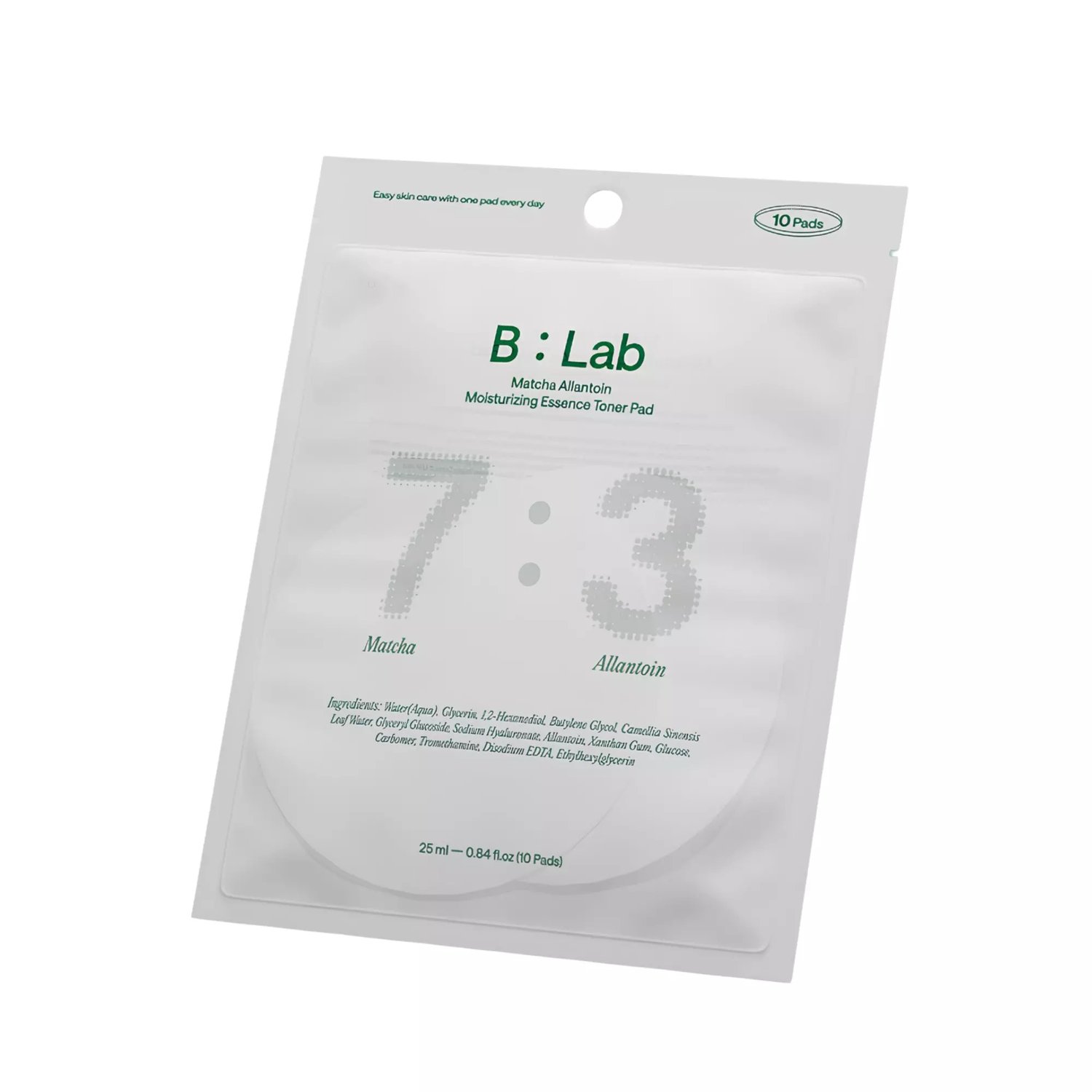 B:Lab Matcha Allantoin Moisturizing Essence Toner Pad 10ea de B:Lab — textura y detalle | K-Beauty coreano en Narumi Chile