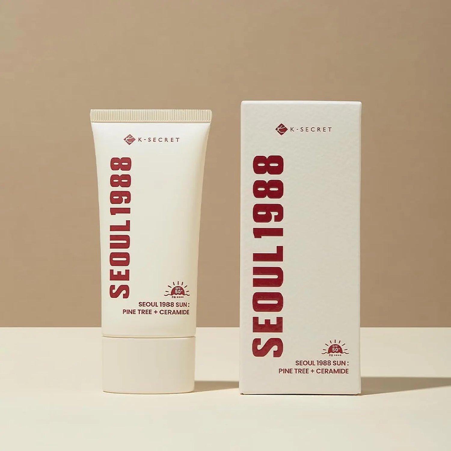 K-SECRET SEOUL 1988 Sun : Pine Tree + Ceramide 50ml de K-SECRET — presentación y empaque | K-Beauty coreano en Narumi Chile