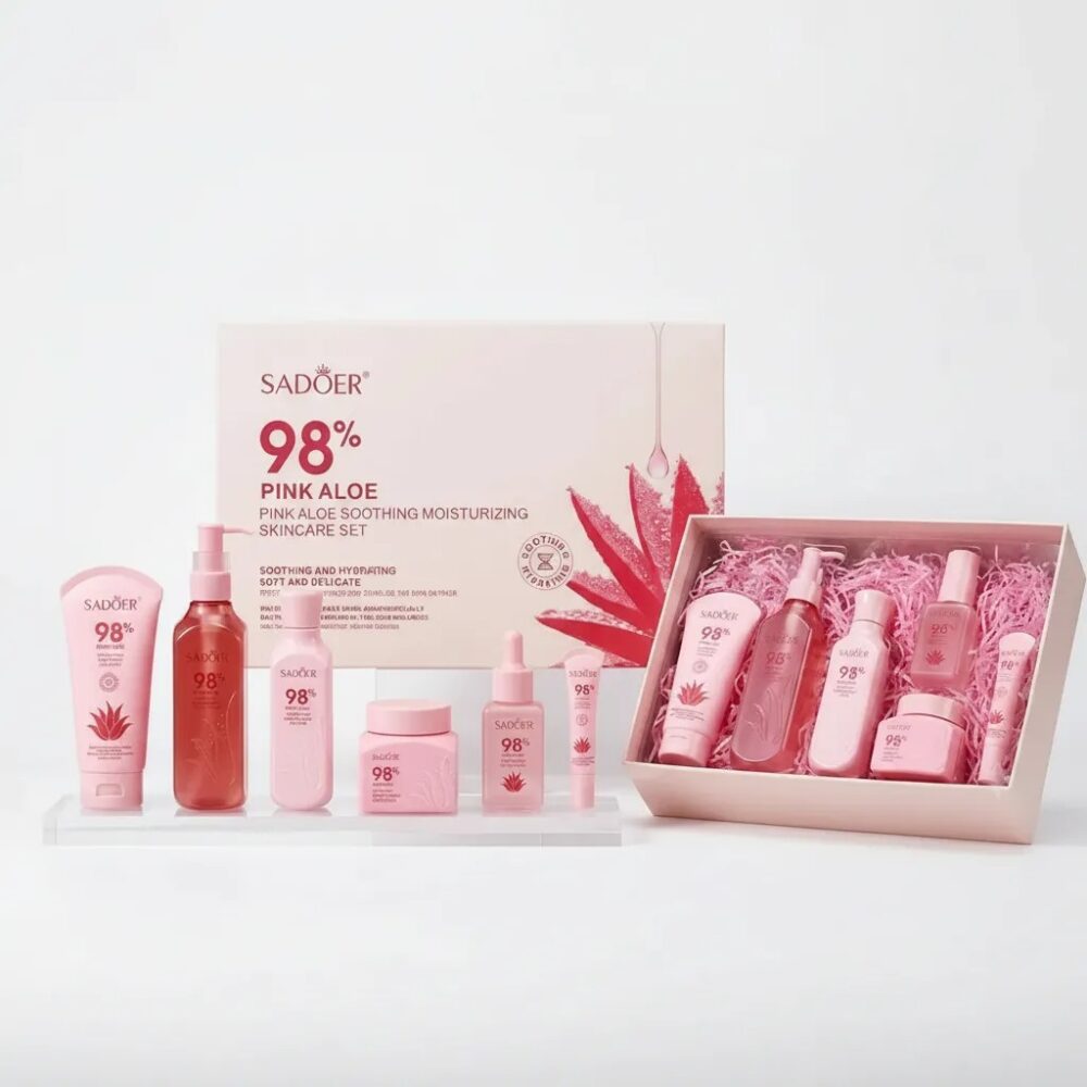 Set Facial Pink Aloe 98% Sadoer · Rutina Coreana Hidratante y Calmante