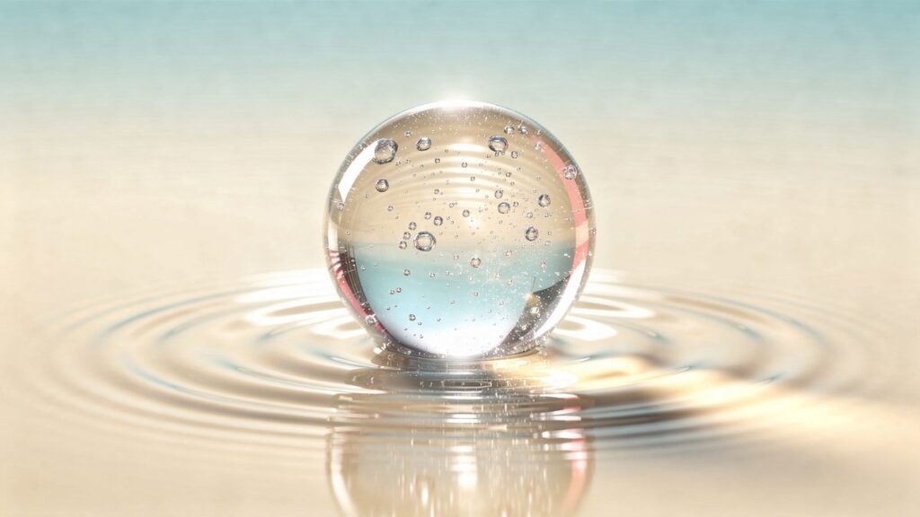 Esfera de gel transparente sobre agua con ondas, símbolo de hidratación profunda