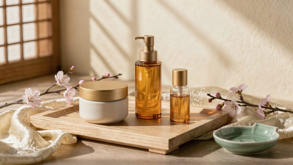 Bodegón de cosmética coreana con flores de cerezo y seda al estilo tradicional