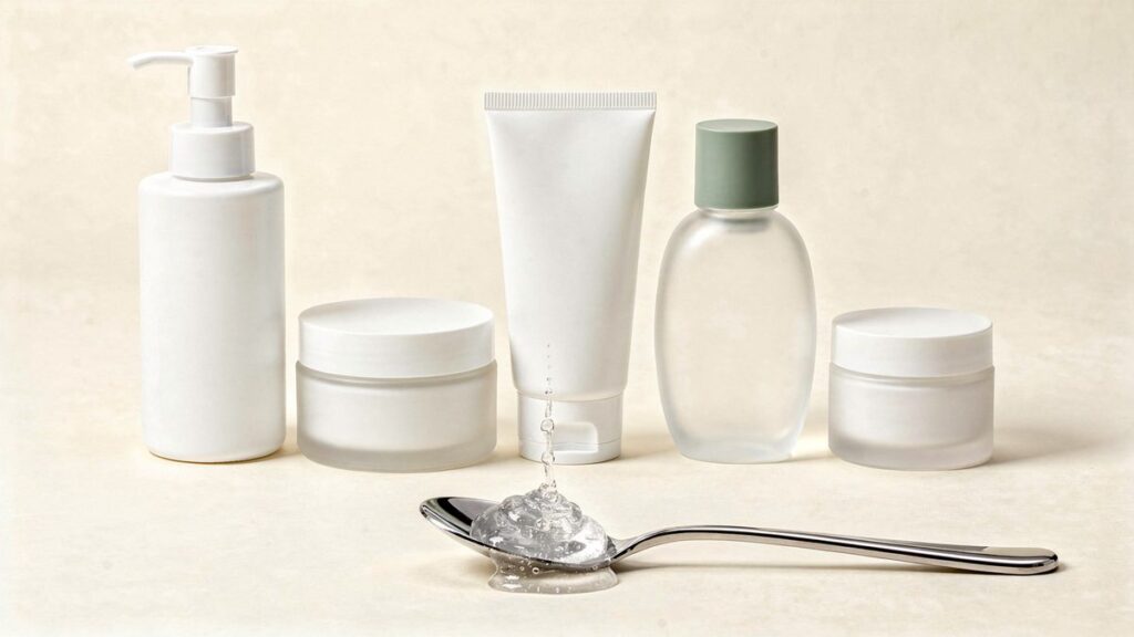 Envases blancos de estilo clínico con gel de baba de caracol en una cuchara cosmética