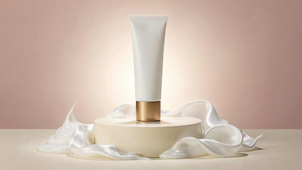 Tubo cosmético blanco con tapa dorada sobre pedestal rodeado de crema