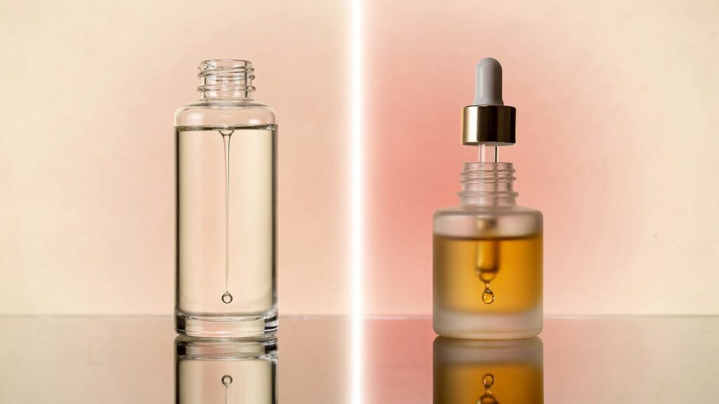 Frasco de esencia acuosa junto a un sérum con gotero comparados lado a lado
