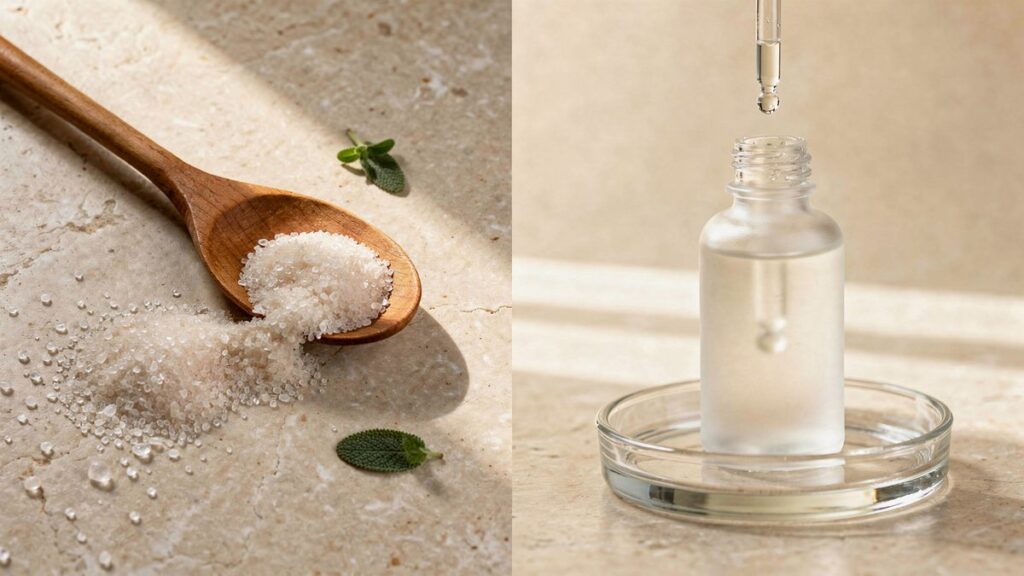 Exfoliante físico de azúcar junto a un exfoliante químico con gotero, comparados
