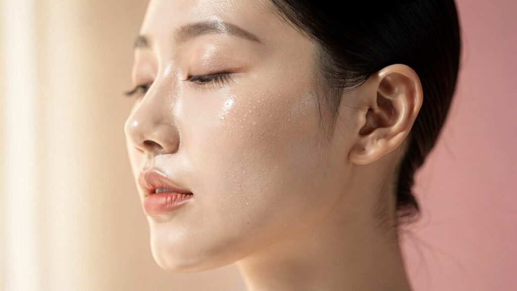 Perfil de mujer coreana con piel luminosa y húmeda efecto glass skin