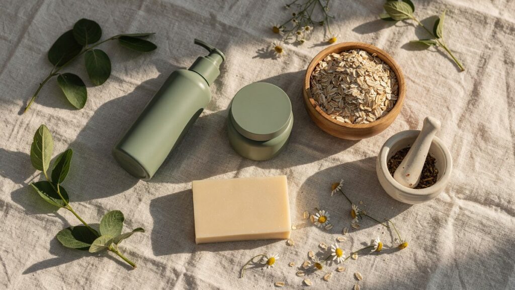 Cosmética coreana vegana con envases verdes, avena y manzanilla sobre lino natural