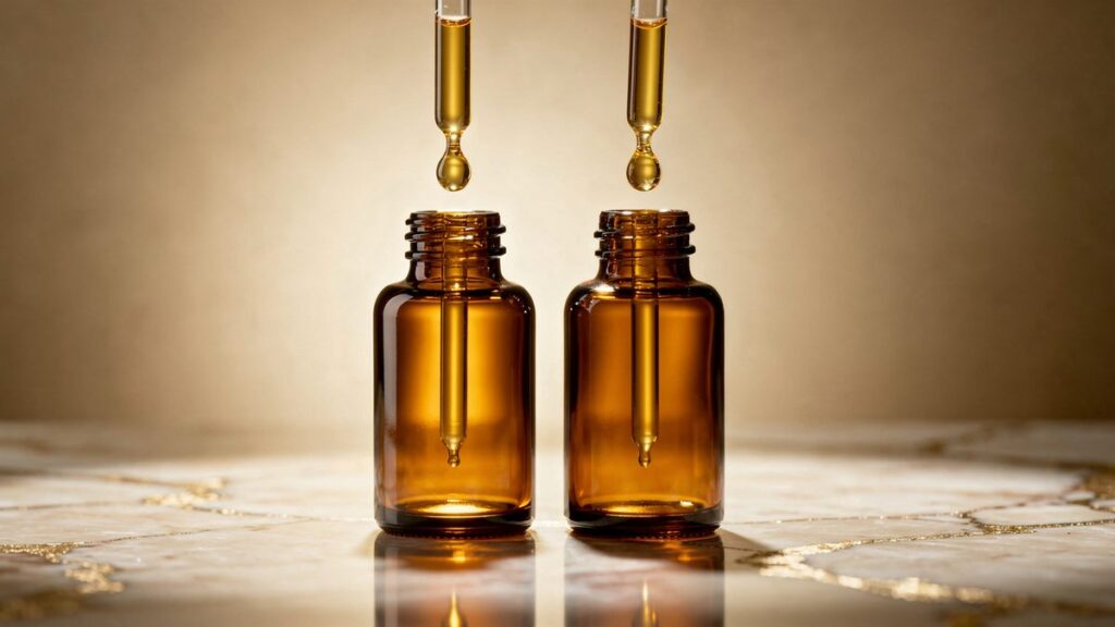 Dos goteros ámbar dejando caer sérum dorado en paralelo sobre mármol crema