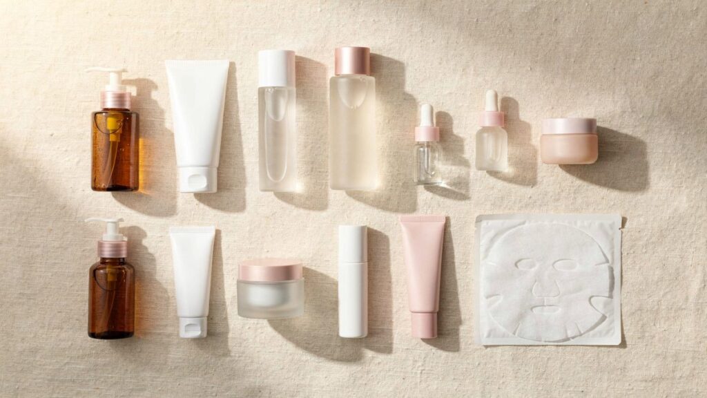 Diez productos de una rutina coreana de skincare ordenados en dos filas sobre fondo crema