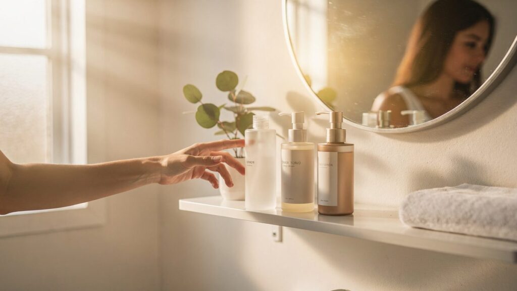 Baño luminoso de mañana con una mano tomando un producto de skincare del estante