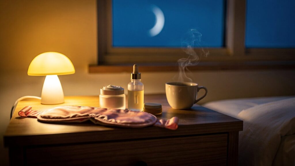 Velador con productos de skincare, antifaz de seda y té junto a la ventana nocturna