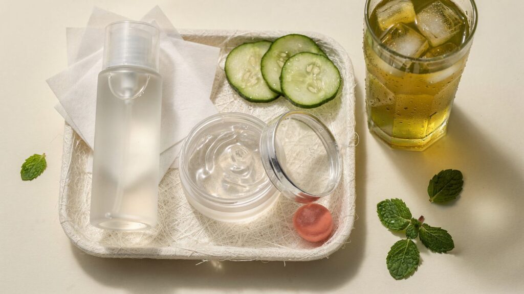 Skincare para piel grasa con gel, pepino, té verde helado y papeles matificantes