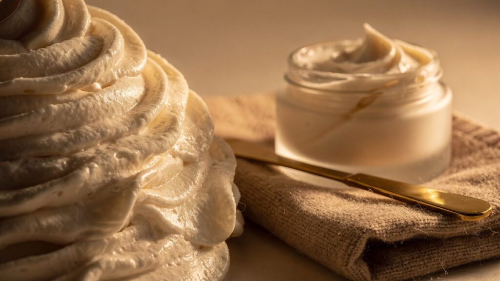 Textura de crema hidratante en espiral junto a un frasco abierto y espátula dorada