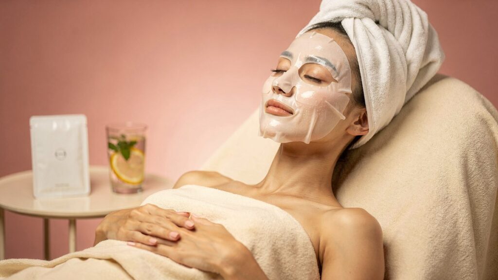 Mujer relajada con mascarilla coreana de hoja en el rostro en ambiente de spa