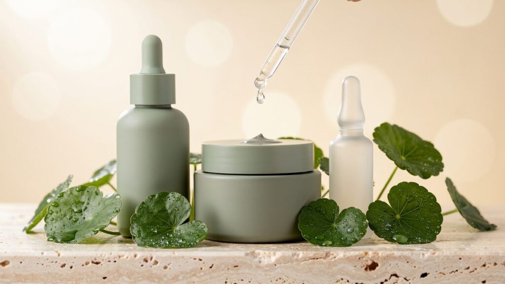 Frascos de skincare en tonos verdes junto a hojas frescas de centella asiática
